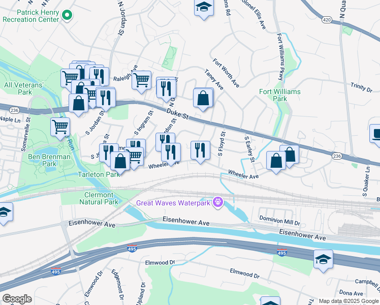 map of restaurants, bars, coffee shops, grocery stores, and more near 50 South French Street in Alexandria