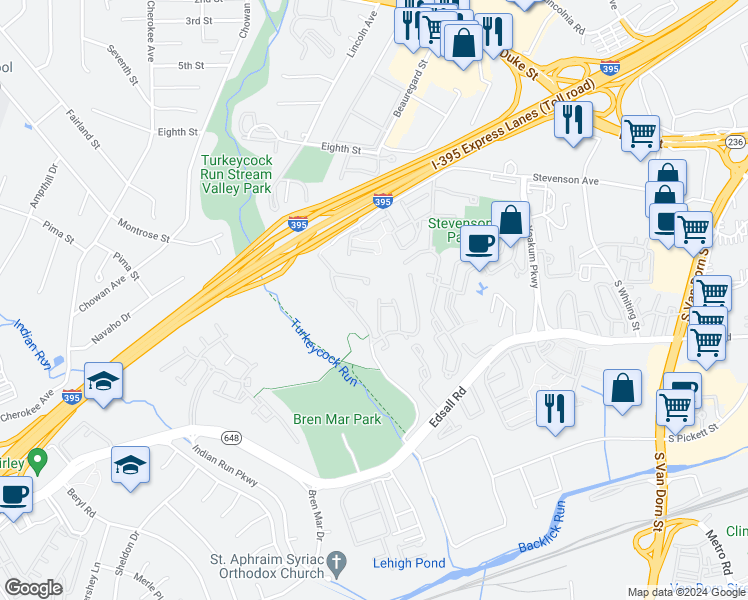 map of restaurants, bars, coffee shops, grocery stores, and more near 5240 Cozy Glen Lane in Alexandria