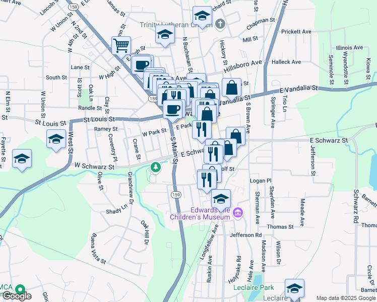 map of restaurants, bars, coffee shops, grocery stores, and more near 247 South Kansas Street in Edwardsville