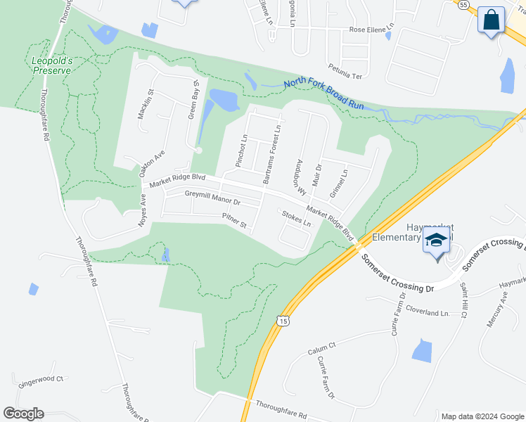 map of restaurants, bars, coffee shops, grocery stores, and more near 6821 Hartzell Hill Lane in Haymarket