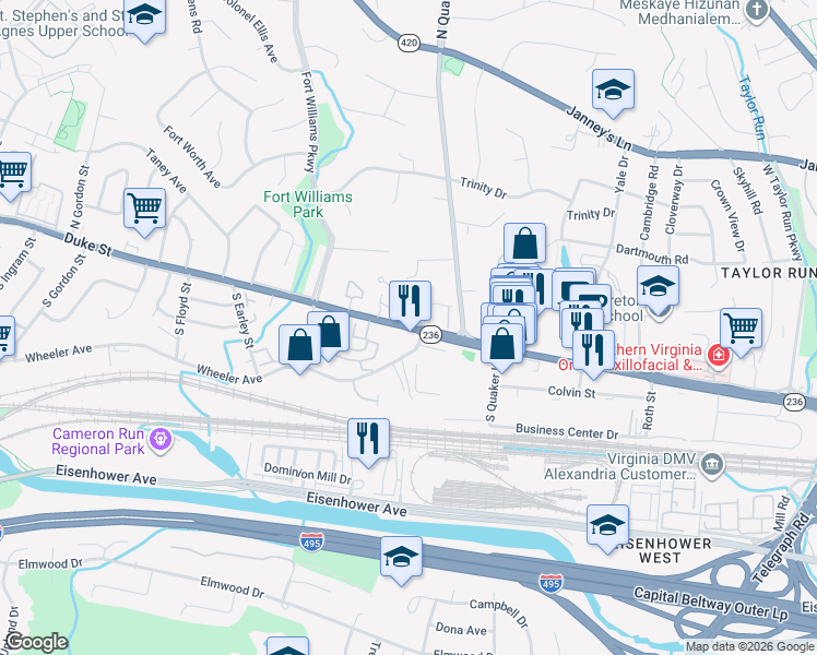 map of restaurants, bars, coffee shops, grocery stores, and more near Duke Street in Alexandria