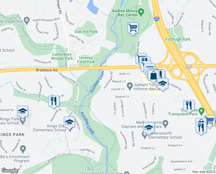 map of restaurants, bars, coffee shops, grocery stores, and more near 8132 Carrick Lane in Springfield