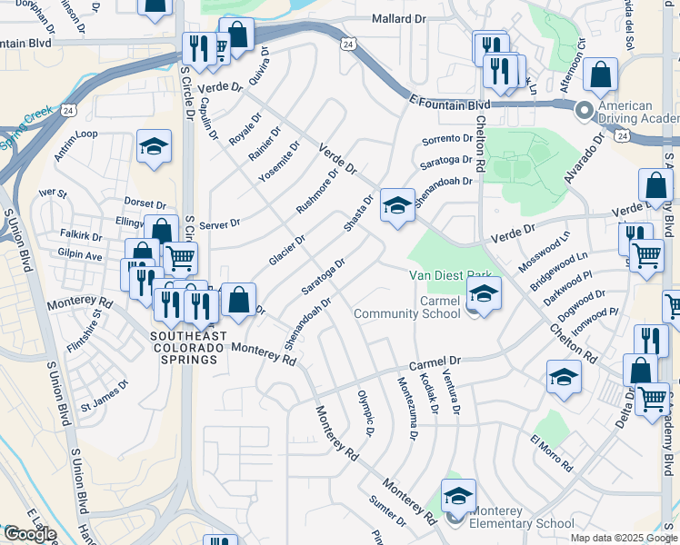 map of restaurants, bars, coffee shops, grocery stores, and more near 1531 Shasta Drive in Colorado Springs