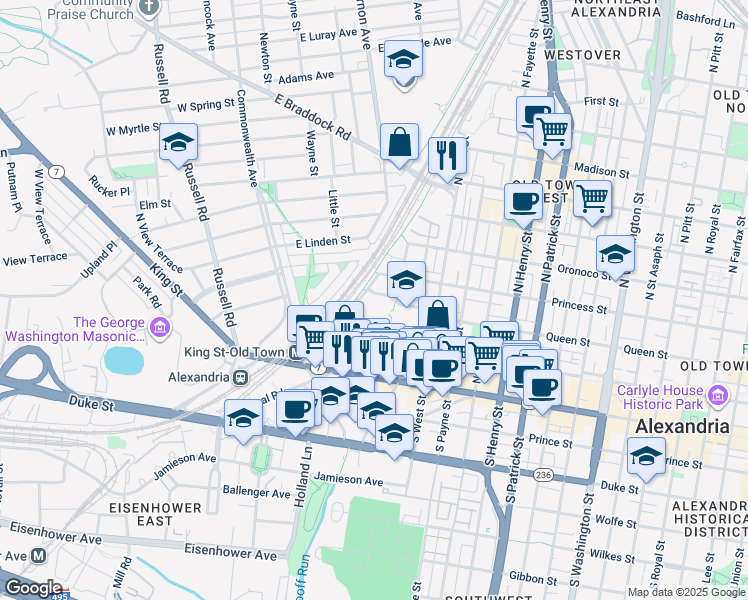 map of restaurants, bars, coffee shops, grocery stores, and more near 1620 Boyle Street in Alexandria