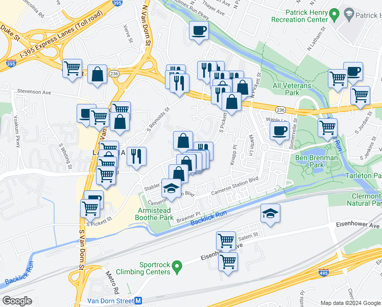 map of restaurants, bars, coffee shops, grocery stores, and more near 275 South Pickett Street in Alexandria