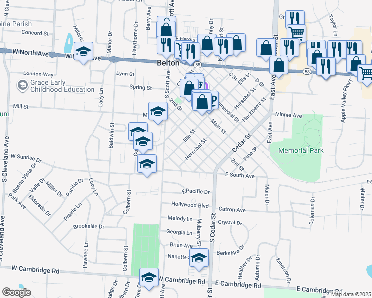 map of restaurants, bars, coffee shops, grocery stores, and more near 511 4th Street in Belton