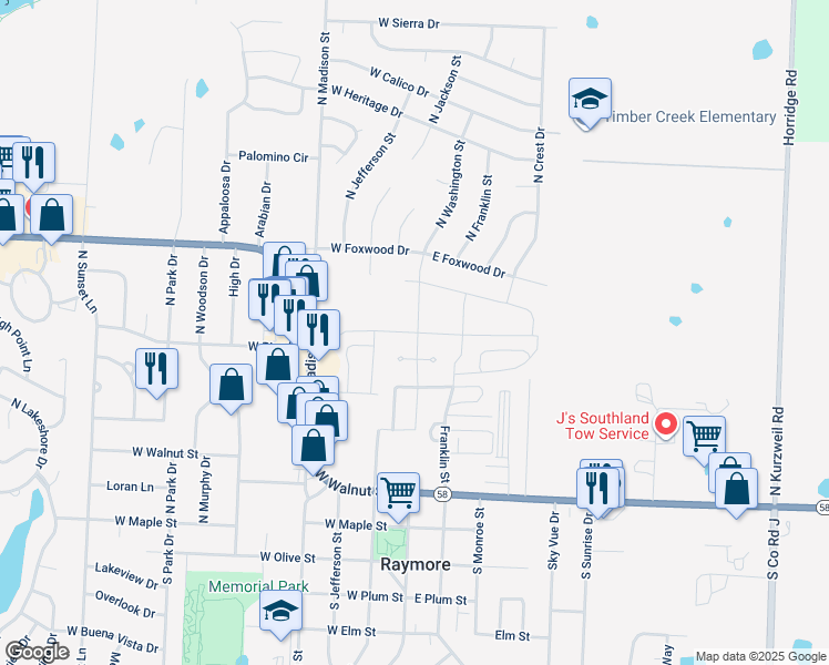 map of restaurants, bars, coffee shops, grocery stores, and more near 105 West Pine Street in Raymore