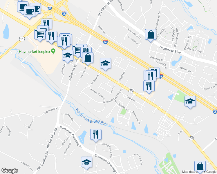 map of restaurants, bars, coffee shops, grocery stores, and more near 14813 Caboose Trail in Haymarket