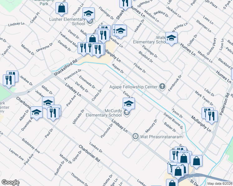 map of restaurants, bars, coffee shops, grocery stores, and more near 20 Olvera Circle in Florissant