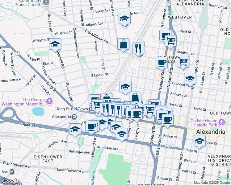 map of restaurants, bars, coffee shops, grocery stores, and more near 1620 Boyle Street in Alexandria