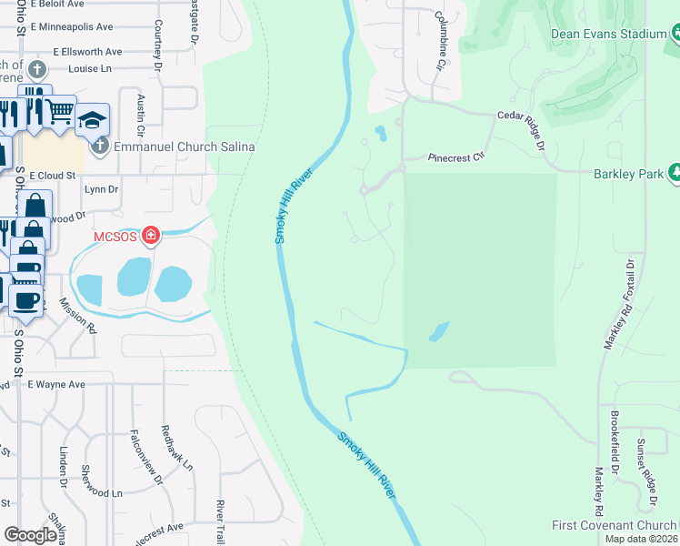 map of restaurants, bars, coffee shops, grocery stores, and more near 1732 South Marymount Road in Salina
