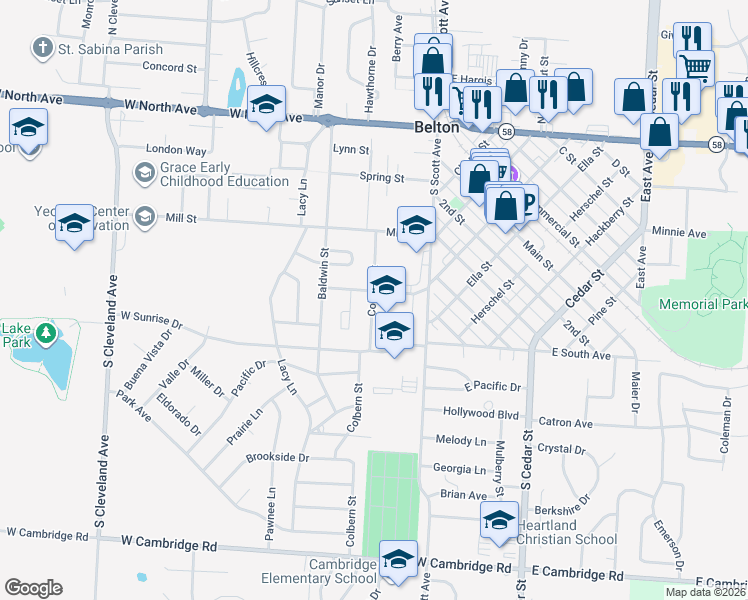 map of restaurants, bars, coffee shops, grocery stores, and more near 413 Colbern Street in Belton