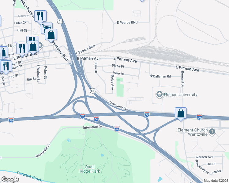 map of restaurants, bars, coffee shops, grocery stores, and more near 1419 Kathleen Drive in Wentzville