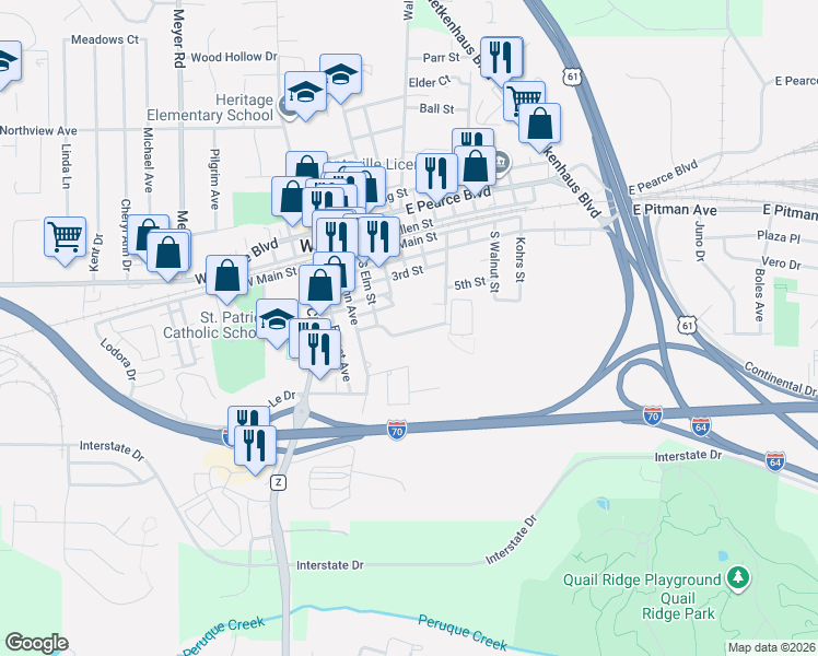map of restaurants, bars, coffee shops, grocery stores, and more near 200 4th Street in Wentzville