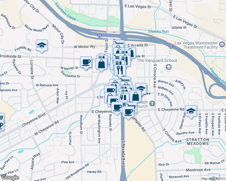 map of restaurants, bars, coffee shops, grocery stores, and more near 1724 Mt Washington Ave in Colorado Springs