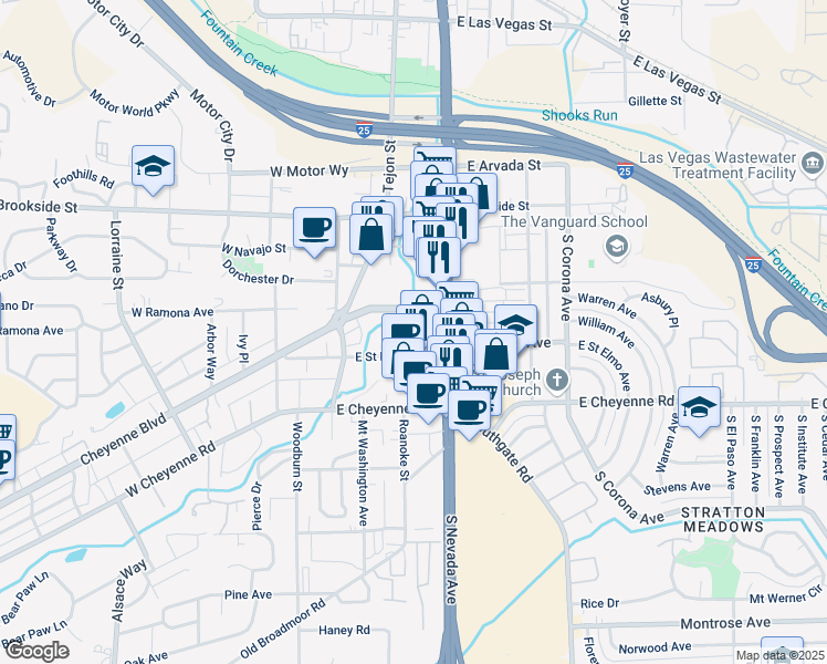 map of restaurants, bars, coffee shops, grocery stores, and more near 1724 Mount Washington Avenue in Colorado Springs