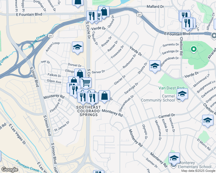 map of restaurants, bars, coffee shops, grocery stores, and more near 1626 Glacier Drive in Colorado Springs