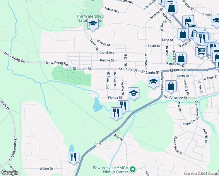 map of restaurants, bars, coffee shops, grocery stores, and more near 212 South Charles Street in Edwardsville