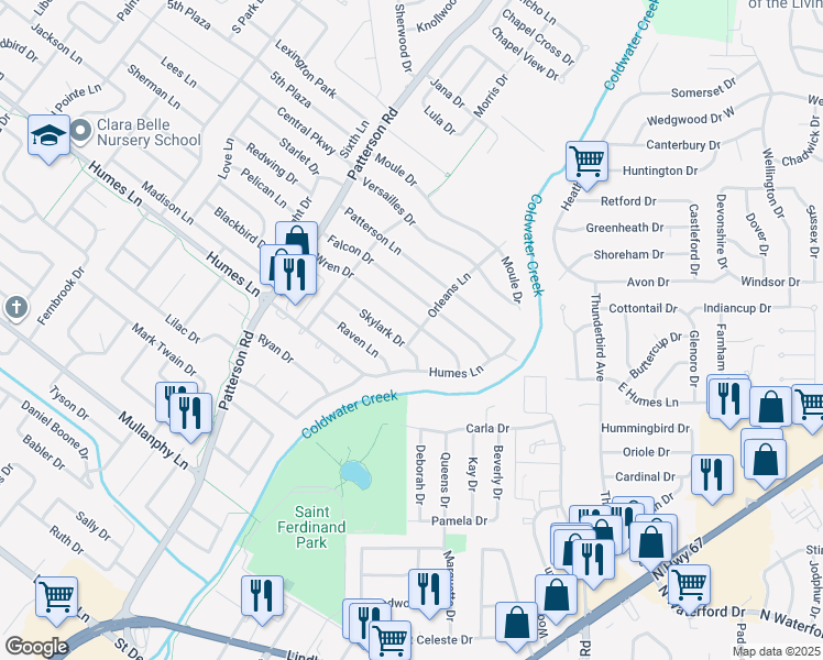 map of restaurants, bars, coffee shops, grocery stores, and more near 385 Wren Drive in Florissant