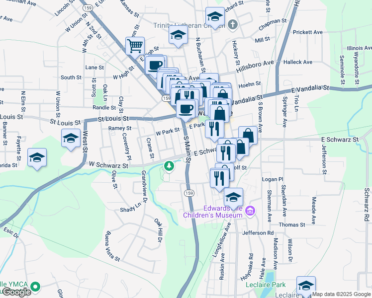 map of restaurants, bars, coffee shops, grocery stores, and more near 226 South Main Street in Edwardsville