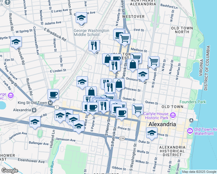 map of restaurants, bars, coffee shops, grocery stores, and more near 1118 Princess Street in Alexandria