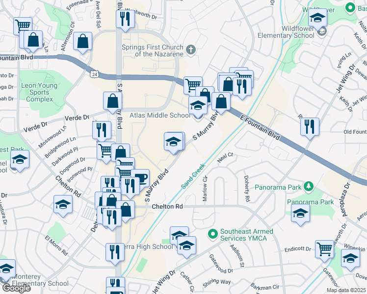 map of restaurants, bars, coffee shops, grocery stores, and more near 1628 South Murray Boulevard in Colorado Springs