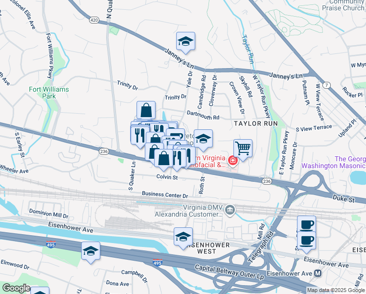 map of restaurants, bars, coffee shops, grocery stores, and more near 111 Yale Drive in Alexandria