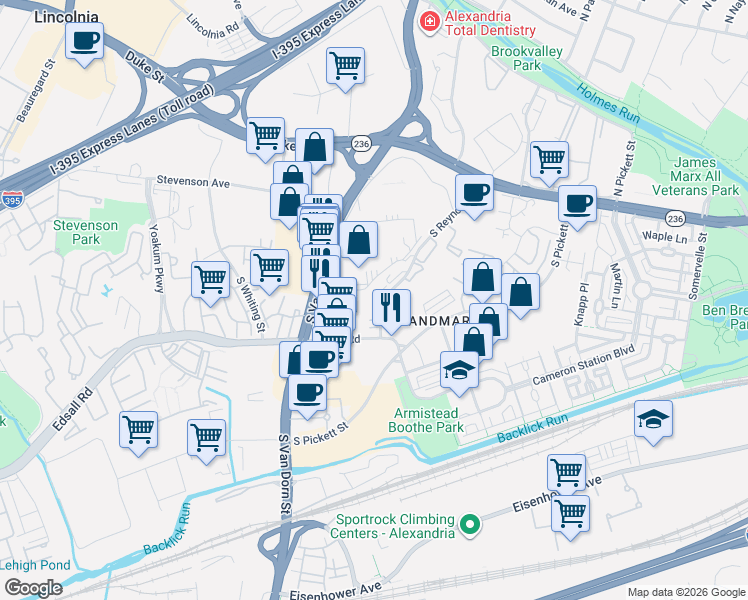 map of restaurants, bars, coffee shops, grocery stores, and more near 375 South Reynolds Street in Alexandria