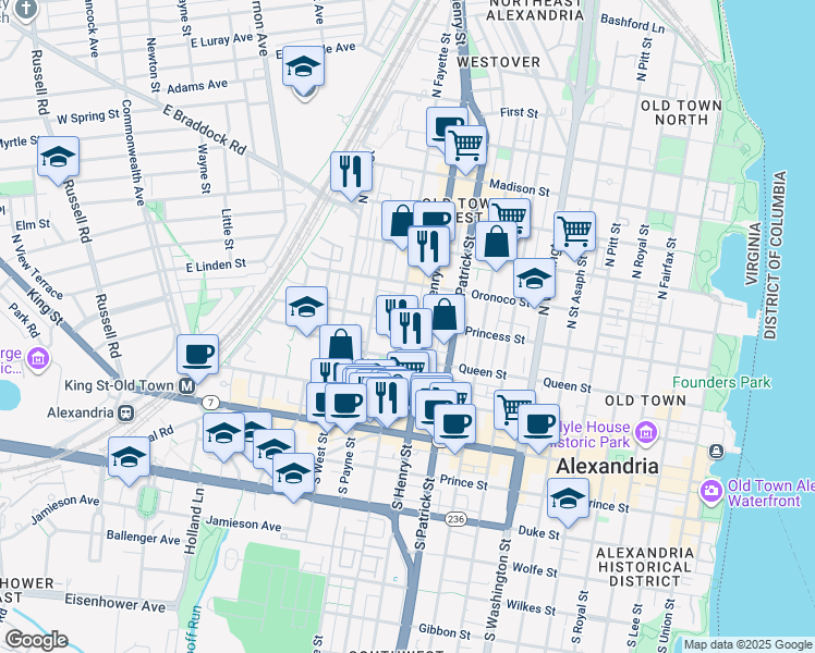 map of restaurants, bars, coffee shops, grocery stores, and more near 1116 Princess Street in Alexandria