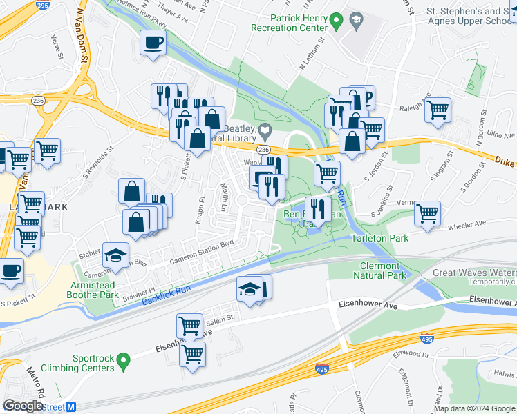 map of restaurants, bars, coffee shops, grocery stores, and more near 4950 Brenman Park Drive in Alexandria