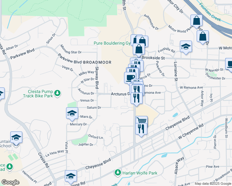 map of restaurants, bars, coffee shops, grocery stores, and more near 904 Arcturus Drive in Colorado Springs