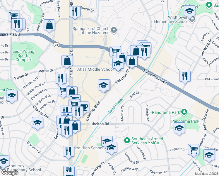 map of restaurants, bars, coffee shops, grocery stores, and more near 1540-1744 South Murray Boulevard in Colorado Springs