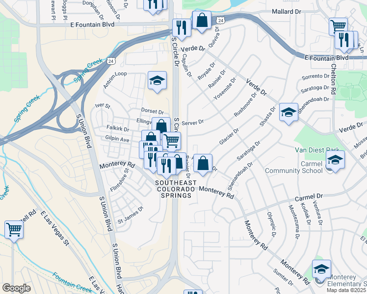 map of restaurants, bars, coffee shops, grocery stores, and more near 1522 Rainier Drive in Colorado Springs
