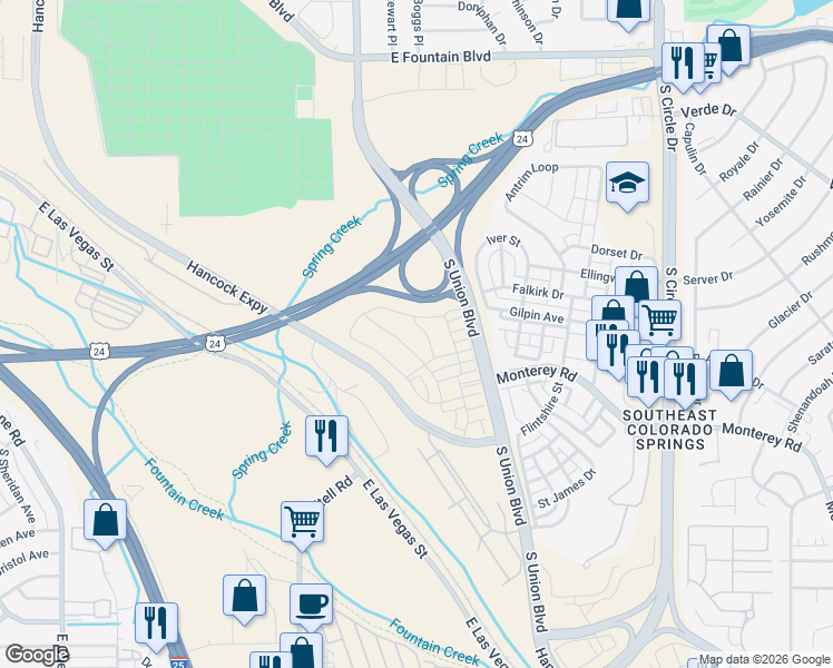 map of restaurants, bars, coffee shops, grocery stores, and more near 1473 Grand Overlook Street in Colorado Springs