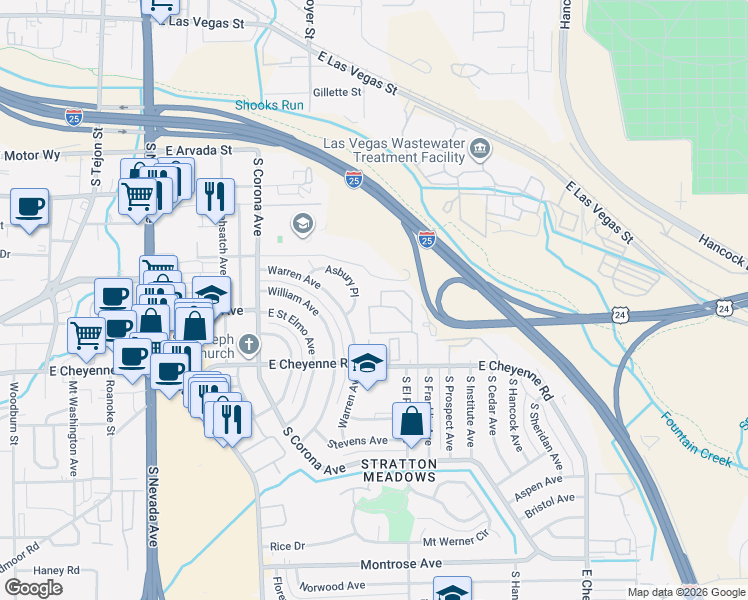 map of restaurants, bars, coffee shops, grocery stores, and more near 1610 Lenmar Drive in Colorado Springs