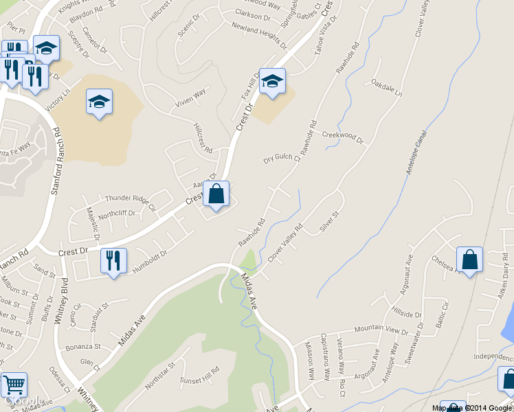map of restaurants, bars, coffee shops, grocery stores, and more near 4074 Rawhide Road in Rocklin