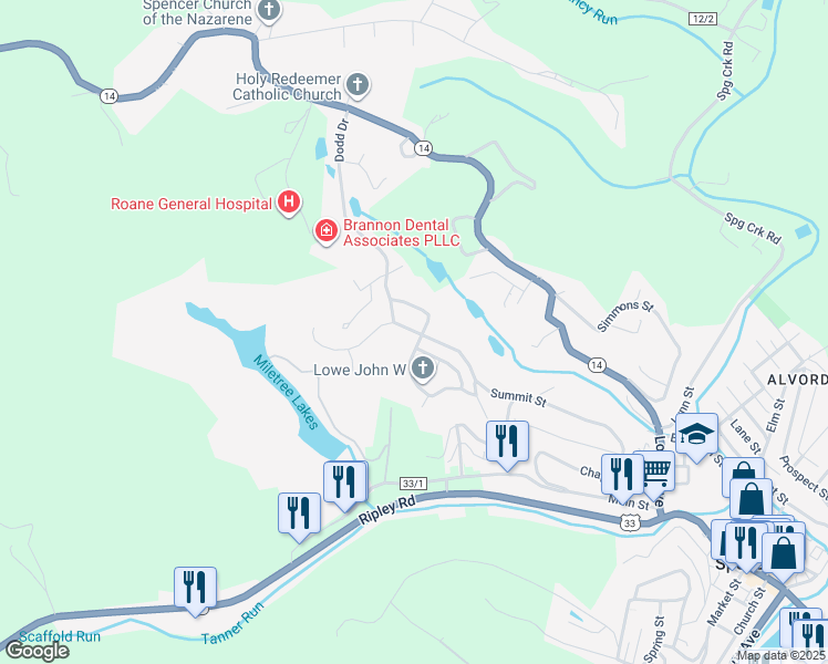 map of restaurants, bars, coffee shops, grocery stores, and more near Dodd Dr in Spencer