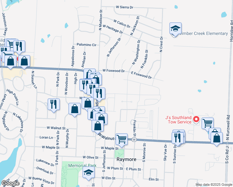 map of restaurants, bars, coffee shops, grocery stores, and more near 105 West Pine Street in Raymore