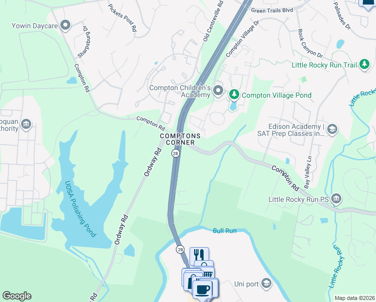 map of restaurants, bars, coffee shops, grocery stores, and more near 7003 Centreville Road in Centreville