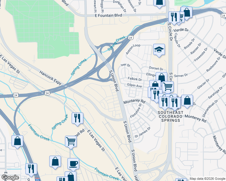 map of restaurants, bars, coffee shops, grocery stores, and more near 2010 Alperton Heights in Colorado Springs
