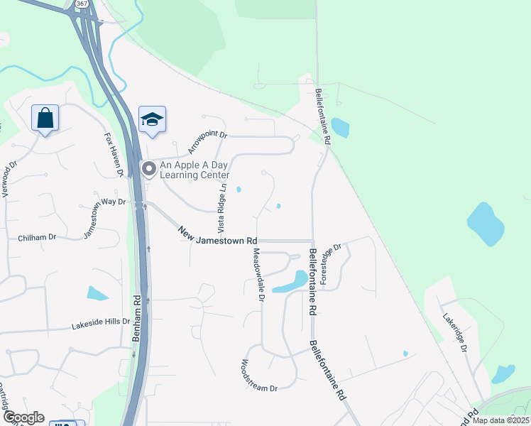 map of restaurants, bars, coffee shops, grocery stores, and more near 12828 Meadowdale Drive in St. Louis