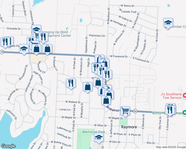 map of restaurants, bars, coffee shops, grocery stores, and more near 307 High Drive in Raymore