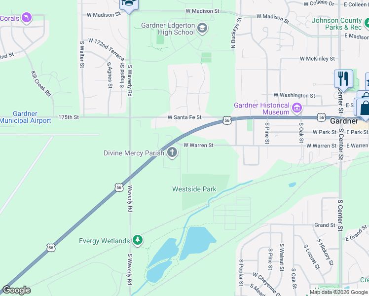 map of restaurants, bars, coffee shops, grocery stores, and more near 204 Bedford Street in Gardner