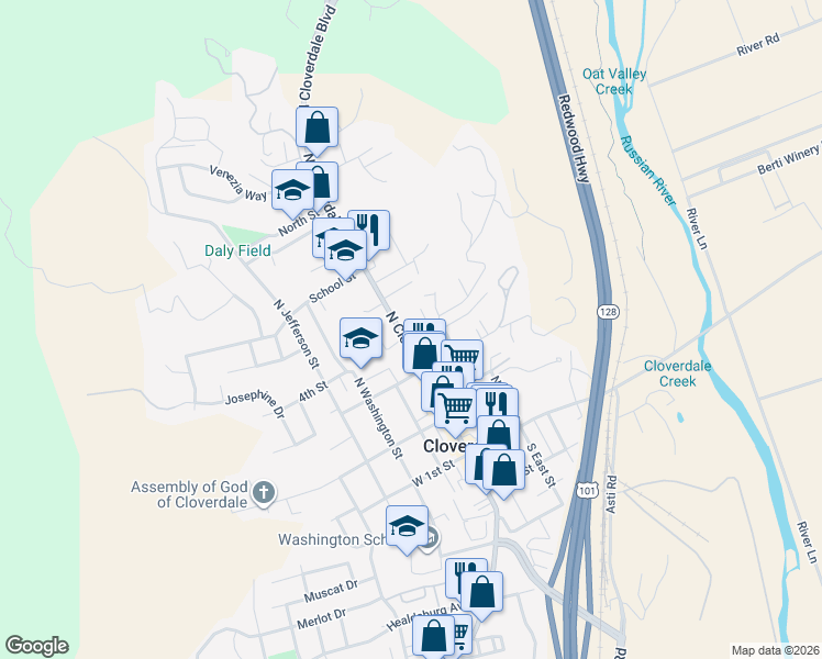 map of restaurants, bars, coffee shops, grocery stores, and more near 416 North Cloverdale Boulevard in Cloverdale