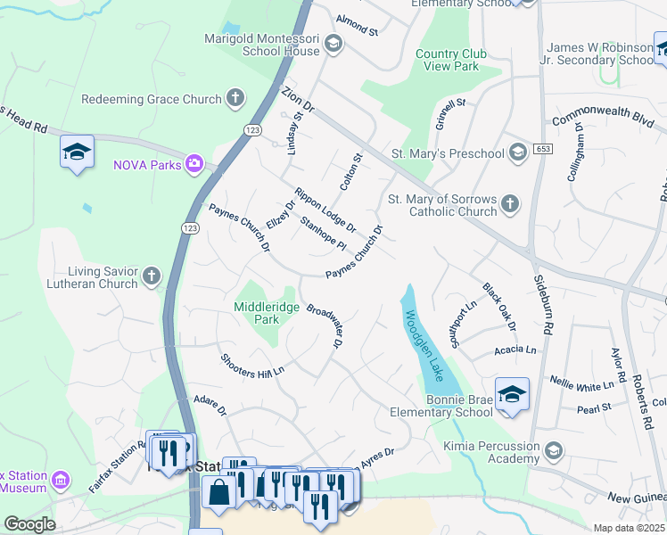 map of restaurants, bars, coffee shops, grocery stores, and more near 10812 Paynes Church Drive in Fairfax