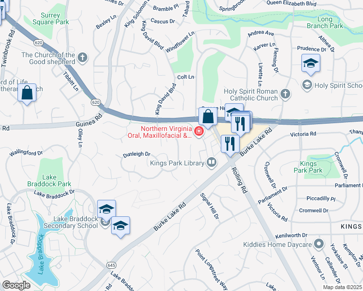 map of restaurants, bars, coffee shops, grocery stores, and more near 5217 Dunleigh Drive in Burke