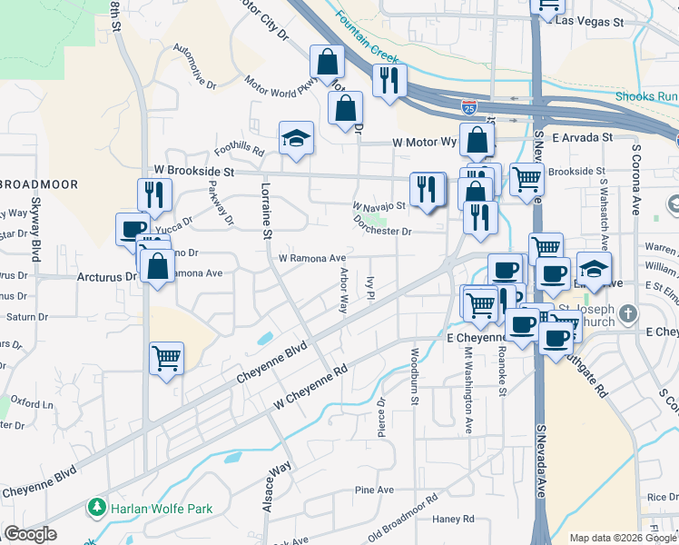map of restaurants, bars, coffee shops, grocery stores, and more near 209 West Ramona Avenue in Colorado Springs