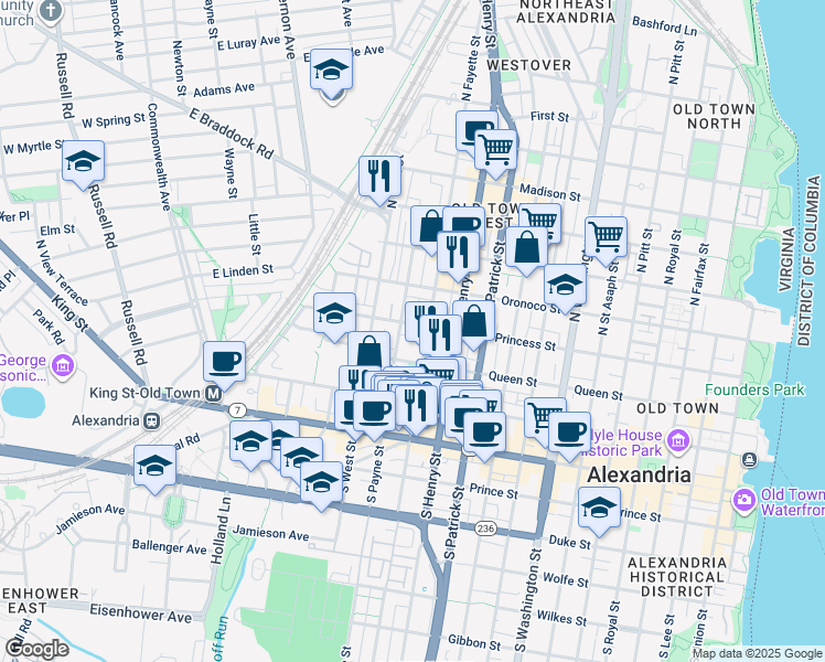 map of restaurants, bars, coffee shops, grocery stores, and more near 1214 Princess Street in Alexandria