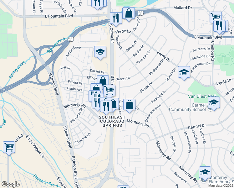 map of restaurants, bars, coffee shops, grocery stores, and more near 1614 Rainier Drive in Colorado Springs