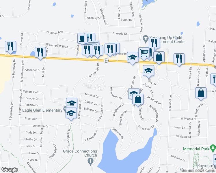 map of restaurants, bars, coffee shops, grocery stores, and more near 1628 Ridgeway Drive in Raymore